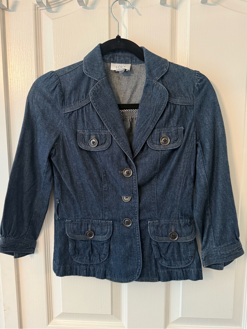 Preppy Fitted Y2K Ann Taylor LOFT Petites Dark Wash Denim Blazer – XXSP